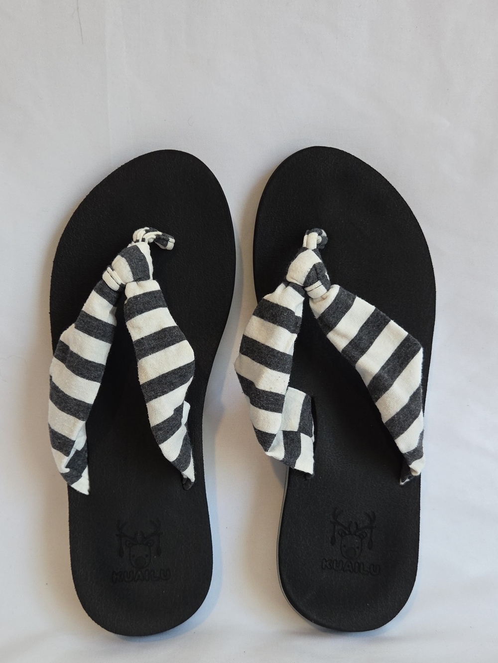 Black Flip-Flop Sandals with Black & White Striped Fabric Straps